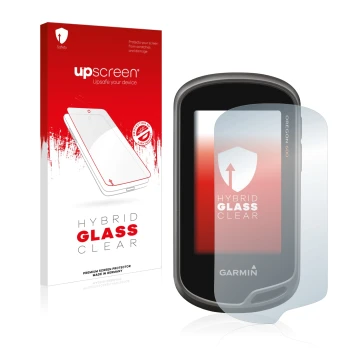 Parte frontale di una confezione del prodotto con il logo del marchio upscreen. Accanto è raffigurato il dispositivo Garmin Or