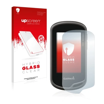 Parte frontale di una confezione del prodotto con il logo del marchio upscreen. Accanto è raffigurato il dispositivo Garmin Or