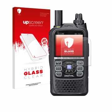 Parte frontale di una confezione del prodotto con il logo del marchio upscreen. Accanto è raffigurato il dispositivo Icom ID-5