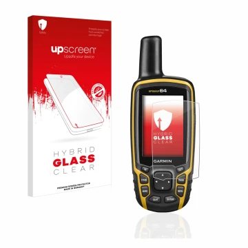 Parte frontale di una confezione del prodotto con il logo del marchio upscreen. Accanto è raffigurato il dispositivo Garmin GP