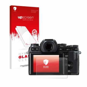 Parte frontale di una confezione del prodotto con il logo del marchio upscreen. Accanto è raffigurato il dispositivo Fujifilm 