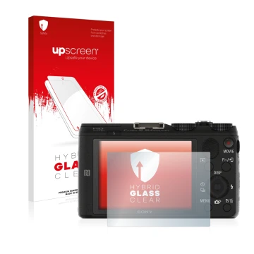 Parte frontale di una confezione del prodotto con il logo del marchio upscreen. Accanto è raffigurato il dispositivo Sony Cybe