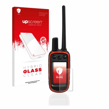 Parte frontale di una confezione del prodotto con il logo del marchio upscreen. Accanto è raffigurato il dispositivo Garmin Al