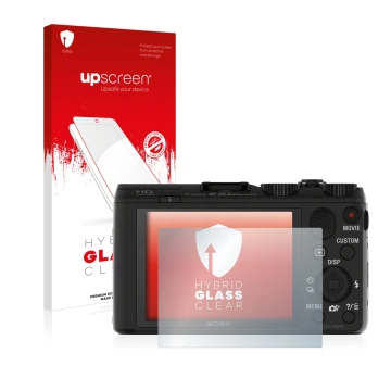 Parte frontale di una confezione del prodotto con il logo del marchio upscreen. Accanto è raffigurato il dispositivo Sony Cybe
