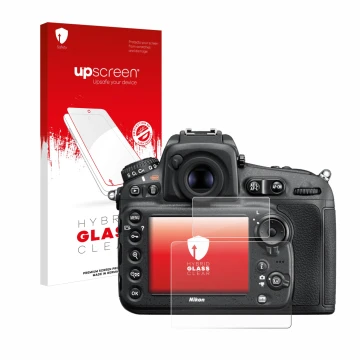 Parte frontale di una confezione del prodotto con il logo del marchio upscreen. Accanto è raffigurato il dispositivo Nikon D81