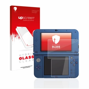Parte frontale di una confezione del prodotto con il logo del marchio upscreen. Accanto è raffigurato il dispositivo Nintendo 
