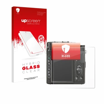 Parte frontale di una confezione del prodotto con il logo del marchio upscreen. Accanto è raffigurato il dispositivo Fujifilm 