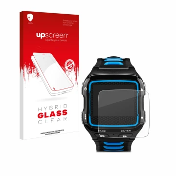 Parte frontale di una confezione del prodotto con il logo del marchio upscreen. Accanto è raffigurato il dispositivo Garmin Fo