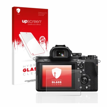 Parte frontale di una confezione del prodotto con il logo del marchio upscreen. Accanto è raffigurato il dispositivo Sony Alph