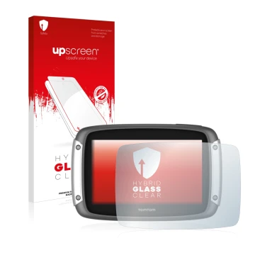 Parte frontale di una confezione del prodotto con il logo del marchio upscreen. Accanto è raffigurato il dispositivo TomTom Ri