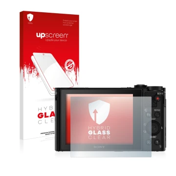 Parte frontale di una confezione del prodotto con il logo del marchio upscreen. Accanto è raffigurato il dispositivo Sony Cybe