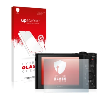 Parte frontale di una confezione del prodotto con il logo del marchio upscreen. Accanto è raffigurato il dispositivo Sony Cybe