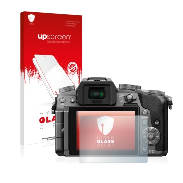 Parte frontale di una confezione del prodotto con il logo del marchio upscreen. Accanto è raffigurato il dispositivo Panasonic