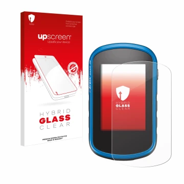 Parte frontale di una confezione del prodotto con il logo del marchio upscreen. Accanto è raffigurato il dispositivo Garmin eT