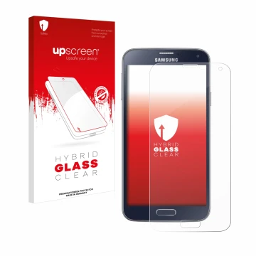 Parte frontale di una confezione del prodotto con il logo del marchio upscreen. Accanto è raffigurato il dispositivo Samsung G