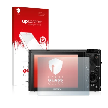 Parte frontale di una confezione del prodotto con il logo del marchio upscreen. Accanto è raffigurato il dispositivo Sony Cybe