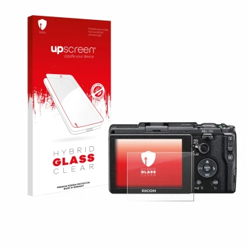 Parte frontale di una confezione del prodotto con il logo del marchio upscreen. Accanto è raffigurato il dispositivo Ricoh GR 
