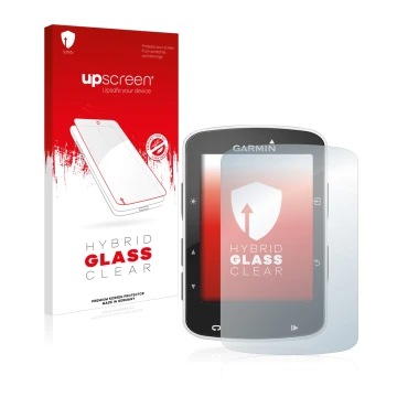 Parte frontale di una confezione del prodotto con il logo del marchio upscreen. Accanto è raffigurato il dispositivo Garmin Ed