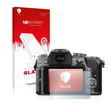 Parte frontale di una confezione del prodotto con il logo del marchio upscreen. Accanto è raffigurato il dispositivo Panasonic