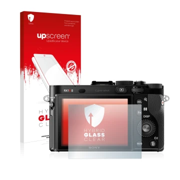 Parte frontale di una confezione del prodotto con il logo del marchio upscreen. Accanto è raffigurato il dispositivo Sony Cybe