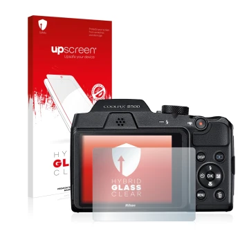 Parte frontale di una confezione del prodotto con il logo del marchio upscreen. Accanto è raffigurato il dispositivo Nikon Coo