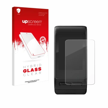 Parte frontale di una confezione del prodotto con il logo del marchio upscreen. Accanto è raffigurato il dispositivo Garmin vi