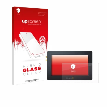 Parte frontale di una confezione del prodotto con il logo del marchio upscreen. Accanto è raffigurato il dispositivo Blackmagi