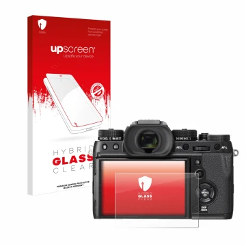 Parte frontale di una confezione del prodotto con il logo del marchio upscreen. Accanto è raffigurato il dispositivo Fujifilm 