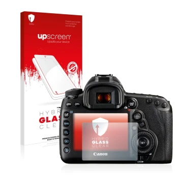 Parte frontale di una confezione del prodotto con il logo del marchio upscreen. Accanto è raffigurato il dispositivo Canon EOS