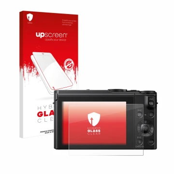 Parte frontale di una confezione del prodotto con il logo del marchio upscreen. Accanto è raffigurato il dispositivo Panasonic