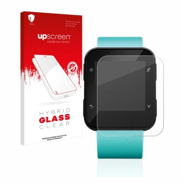 Parte frontale di una confezione del prodotto con il logo del marchio upscreen. Accanto è raffigurato il dispositivo Garmin Fo