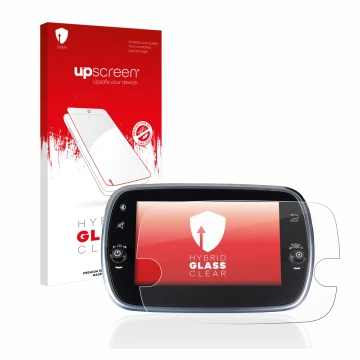 Parte frontale di una confezione del prodotto con il logo del marchio upscreen. Accanto è raffigurato il dispositivo Fiat 500 