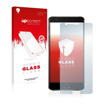 Parte frontale di una confezione del prodotto con il logo del marchio upscreen. Accanto è raffigurato il dispositivo OnePlus 3