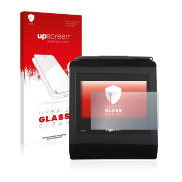 Parte frontale di una confezione del prodotto con il logo del marchio upscreen. Accanto è raffigurato il dispositivo Signotec 