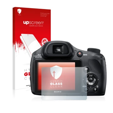 Parte frontale di una confezione del prodotto con il logo del marchio upscreen. Accanto è raffigurato il dispositivo Sony Cybe