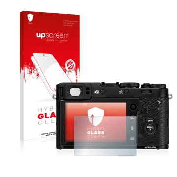 Parte frontale di una confezione del prodotto con il logo del marchio upscreen. Accanto è raffigurato il dispositivo Fujifilm 