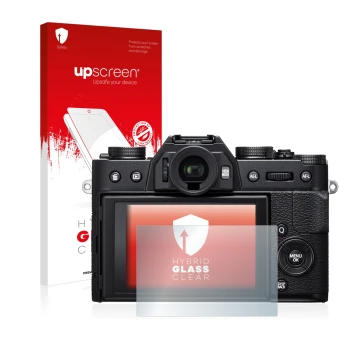 Parte frontale di una confezione del prodotto con il logo del marchio upscreen. Accanto è raffigurato il dispositivo Fujifilm 