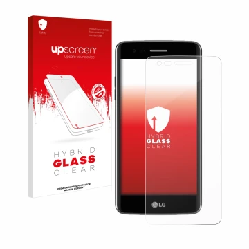 Parte frontale di una confezione del prodotto con il logo del marchio upscreen. Accanto è raffigurato il dispositivo LG K8 201