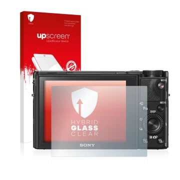 Parte frontale di una confezione del prodotto con il logo del marchio upscreen. Accanto è raffigurato il dispositivo Sony Cybe