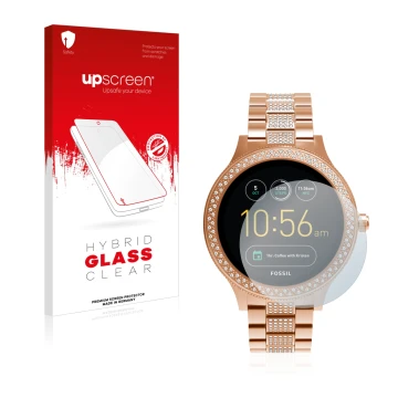 Parte frontale di una confezione del prodotto con il logo del marchio upscreen. Accanto è raffigurato il dispositivo Fossil Q 