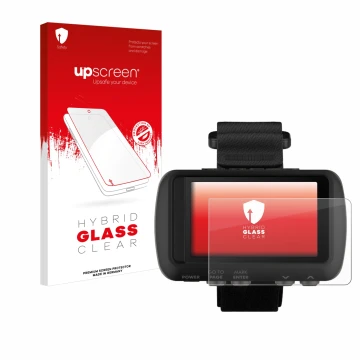 Parte frontale di una confezione del prodotto con il logo del marchio upscreen. Accanto è raffigurato il dispositivo Garmin Fo