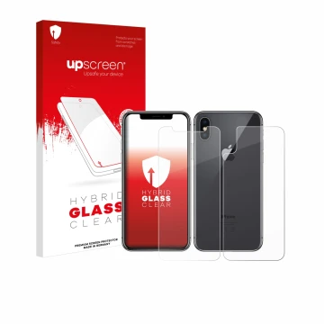 Parte frontale di una confezione del prodotto con il logo del marchio upscreen. Accanto è raffigurato il dispositivo Apple iPh