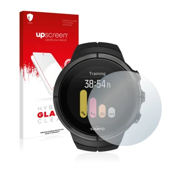 Parte frontale di una confezione del prodotto con il logo del marchio upscreen. Accanto è raffigurato il dispositivo Suunto Sp