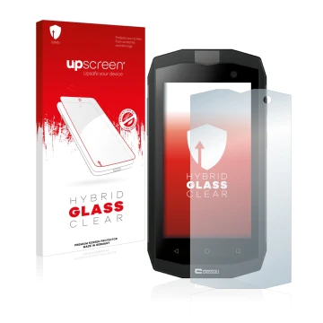 Parte frontale di una confezione del prodotto con il logo del marchio upscreen. Accanto è raffigurato il dispositivo Crosscall