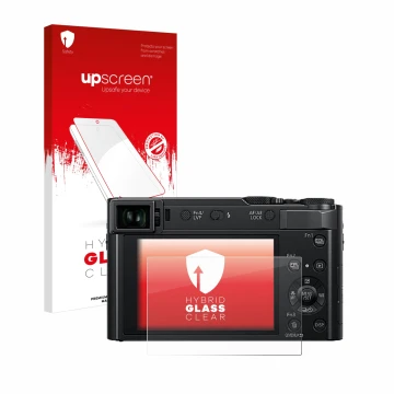 Parte frontale di una confezione del prodotto con il logo del marchio upscreen. Accanto è raffigurato il dispositivo Panasonic