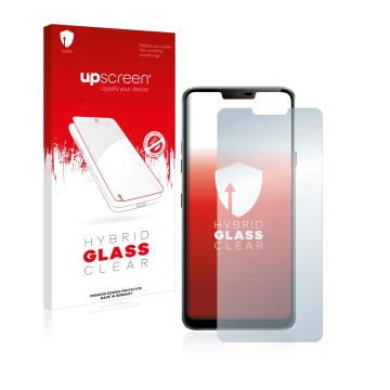 Parte frontale di una confezione del prodotto con il logo del marchio upscreen. Accanto è raffigurato il dispositivo LG G7 Thi