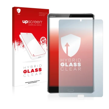 Parte frontale di una confezione del prodotto con il logo del marchio upscreen. Accanto è raffigurato il dispositivo Huawei Me
