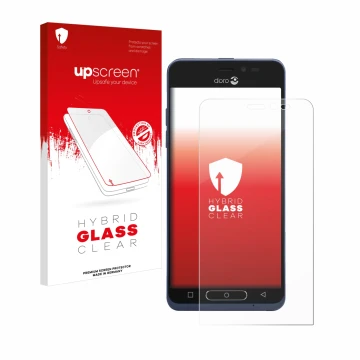 Parte frontale di una confezione del prodotto con il logo del marchio upscreen. Accanto è raffigurato il dispositivo Doro 8035