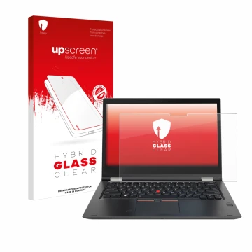 Parte frontale di una confezione del prodotto con il logo del marchio upscreen. Accanto è raffigurato il dispositivo Lenovo Th
