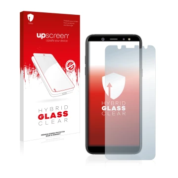 Parte frontale di una confezione del prodotto con il logo del marchio upscreen. Accanto è raffigurato il dispositivo Samsung G